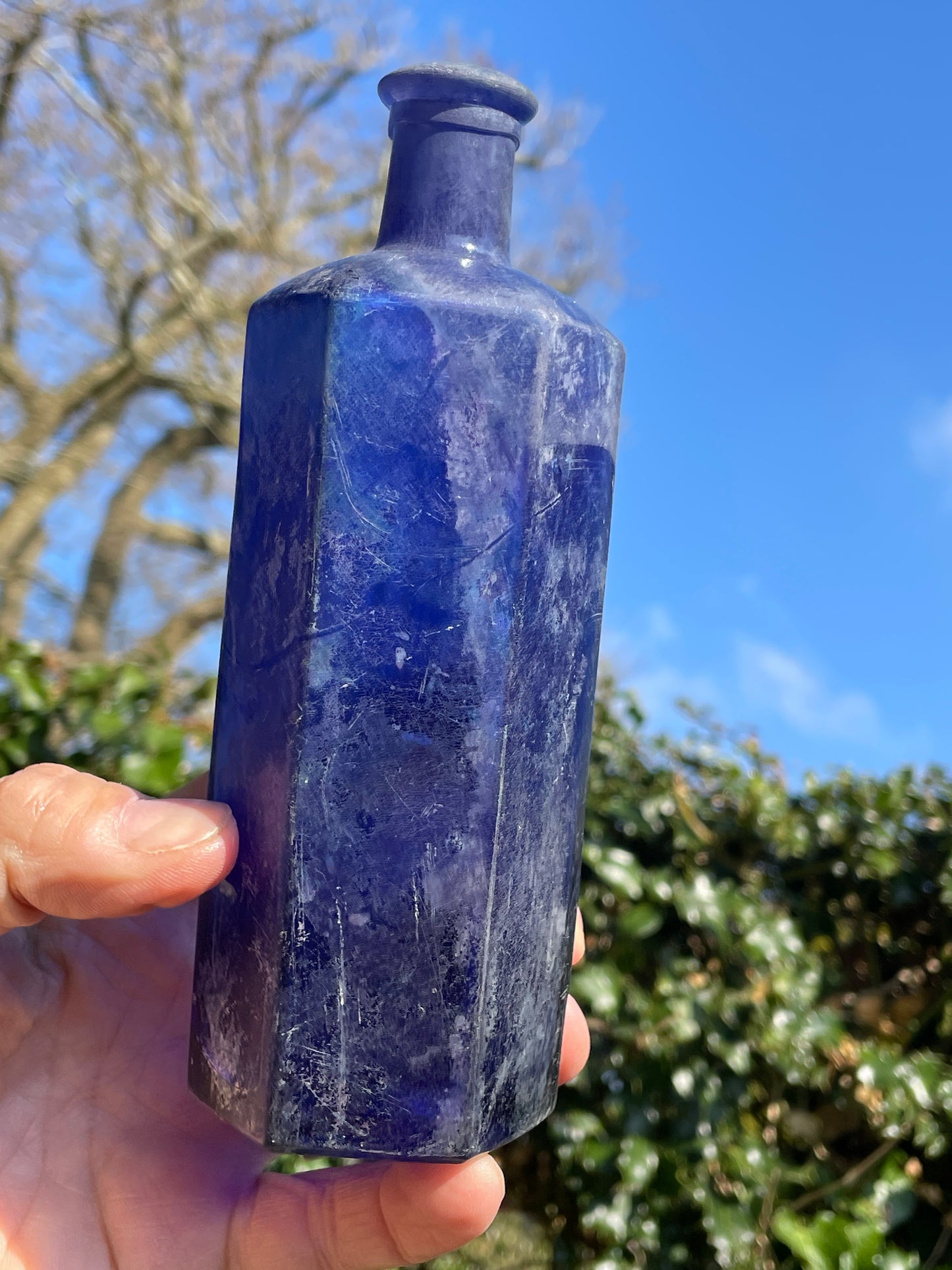 Cobalt blue hexagonal Victorian ribbed blue poison bottle 17.5cm tall