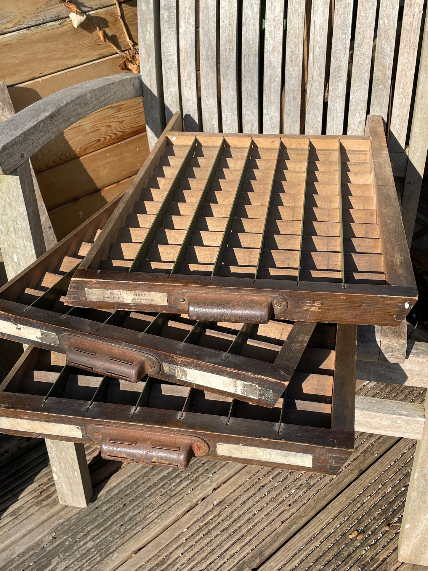 Three original type set printers letterpress typecase drawers for display c1950's