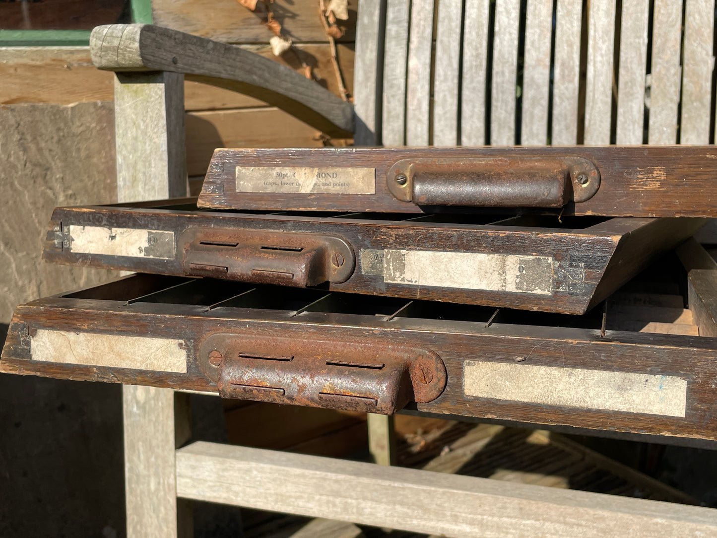 Three original type set printers letterpress typecase drawers for display c1950's