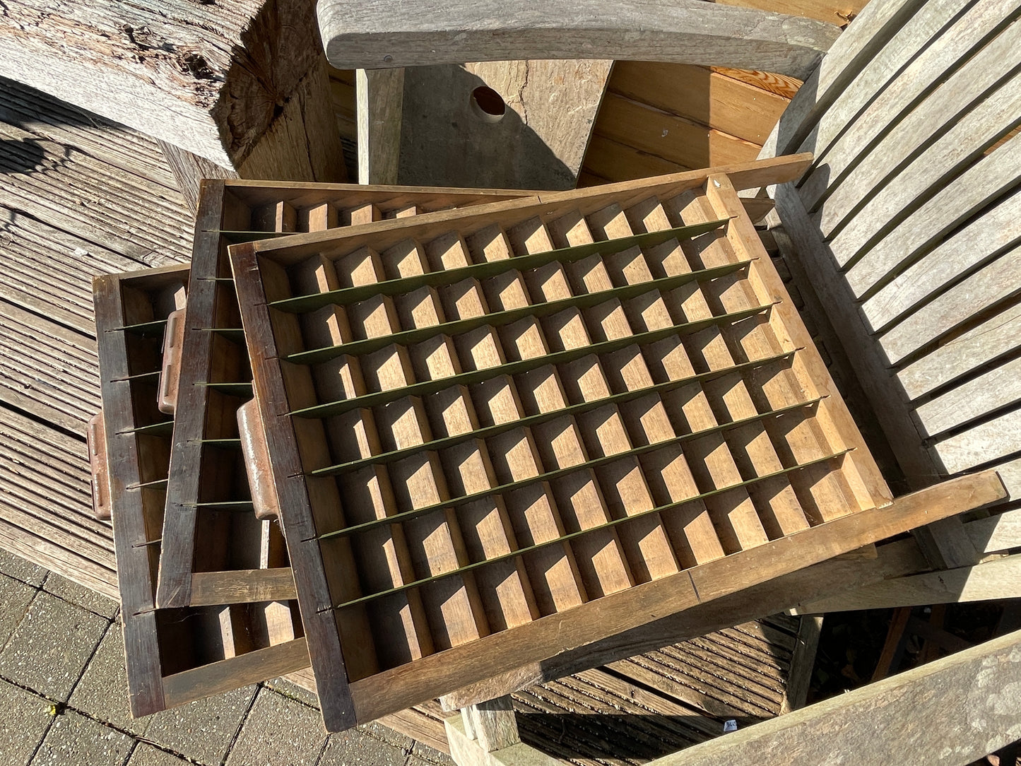 Three original type set printers letterpress typecase drawers for display c1950's