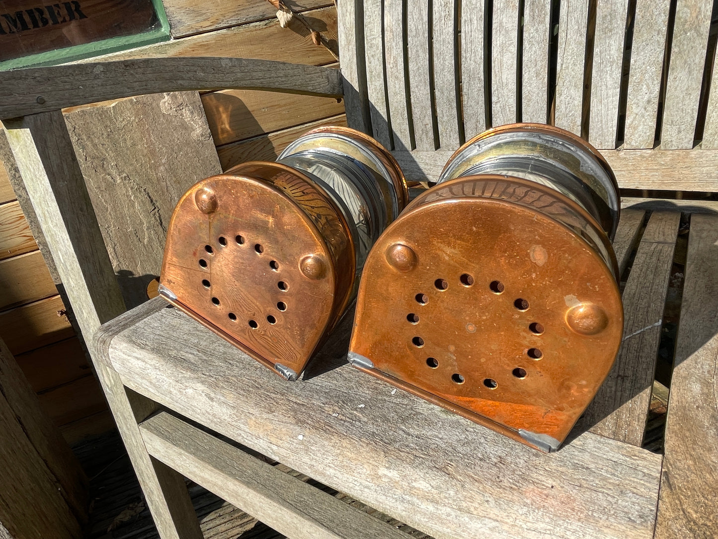 Pair of antique brass and copper Masthead nautical ship lamps