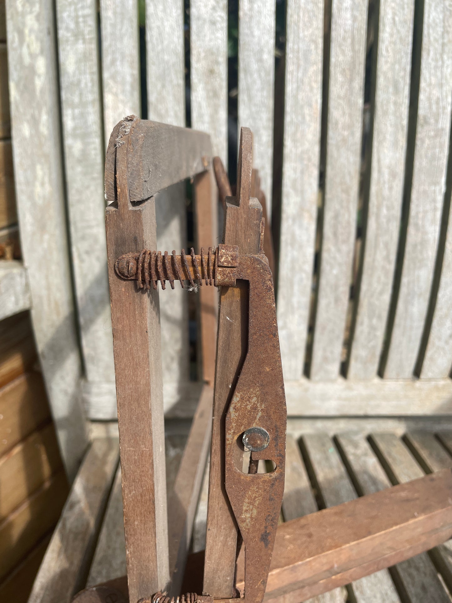 Two vintage wooden tennis racket clamps c1930