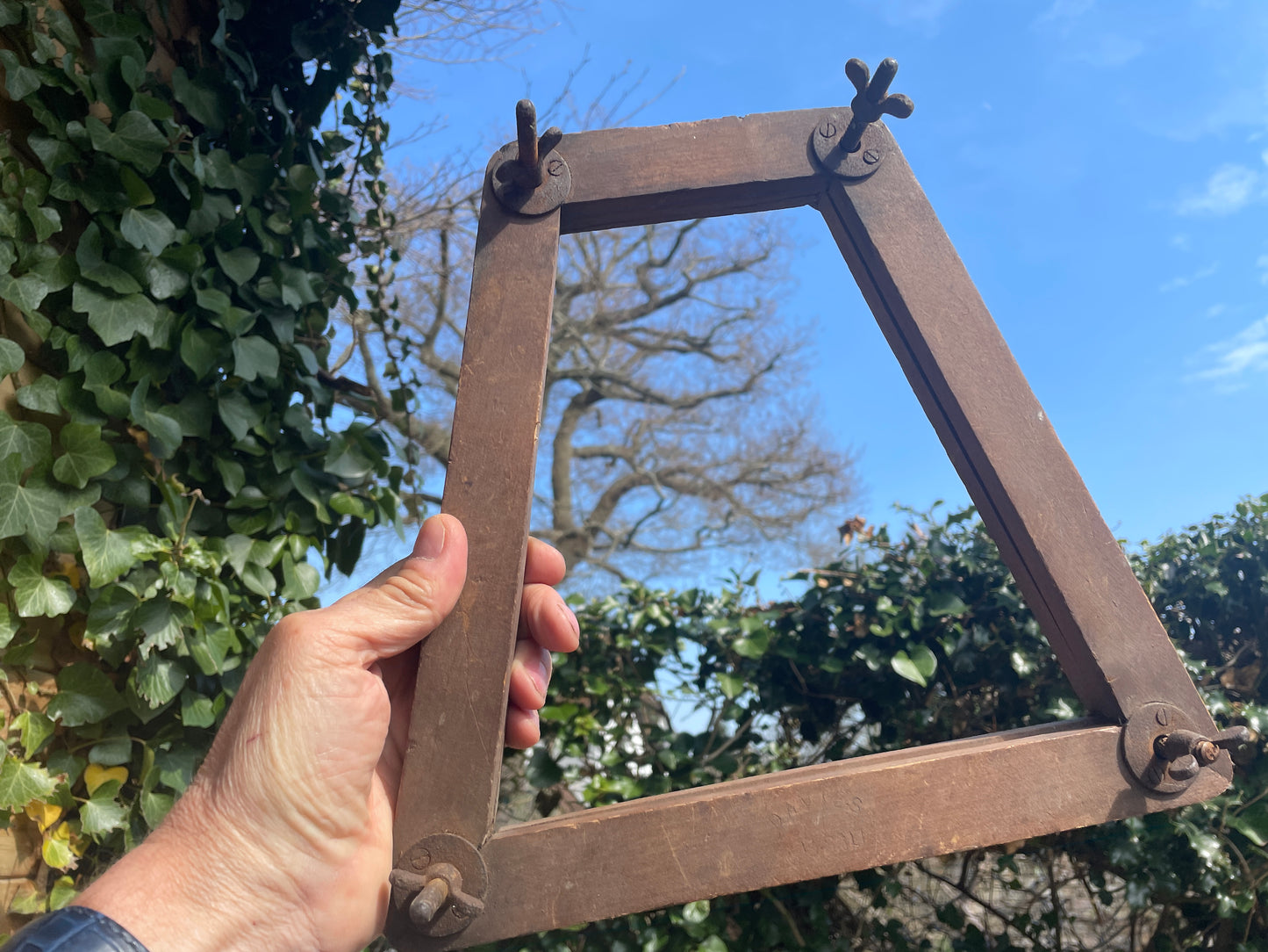 Two vintage wooden tennis racket clamps c1930