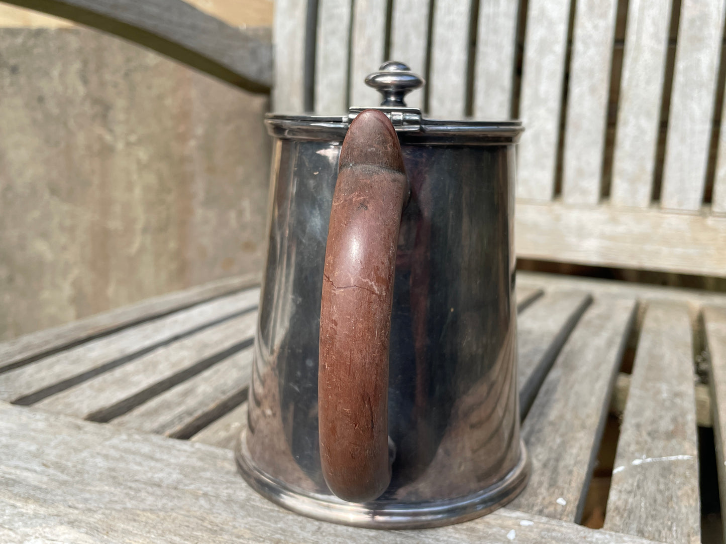 Arts and Crafts H & C S coffee pot with EP 2 (diamond)to base  with wooden handle 13cm tall