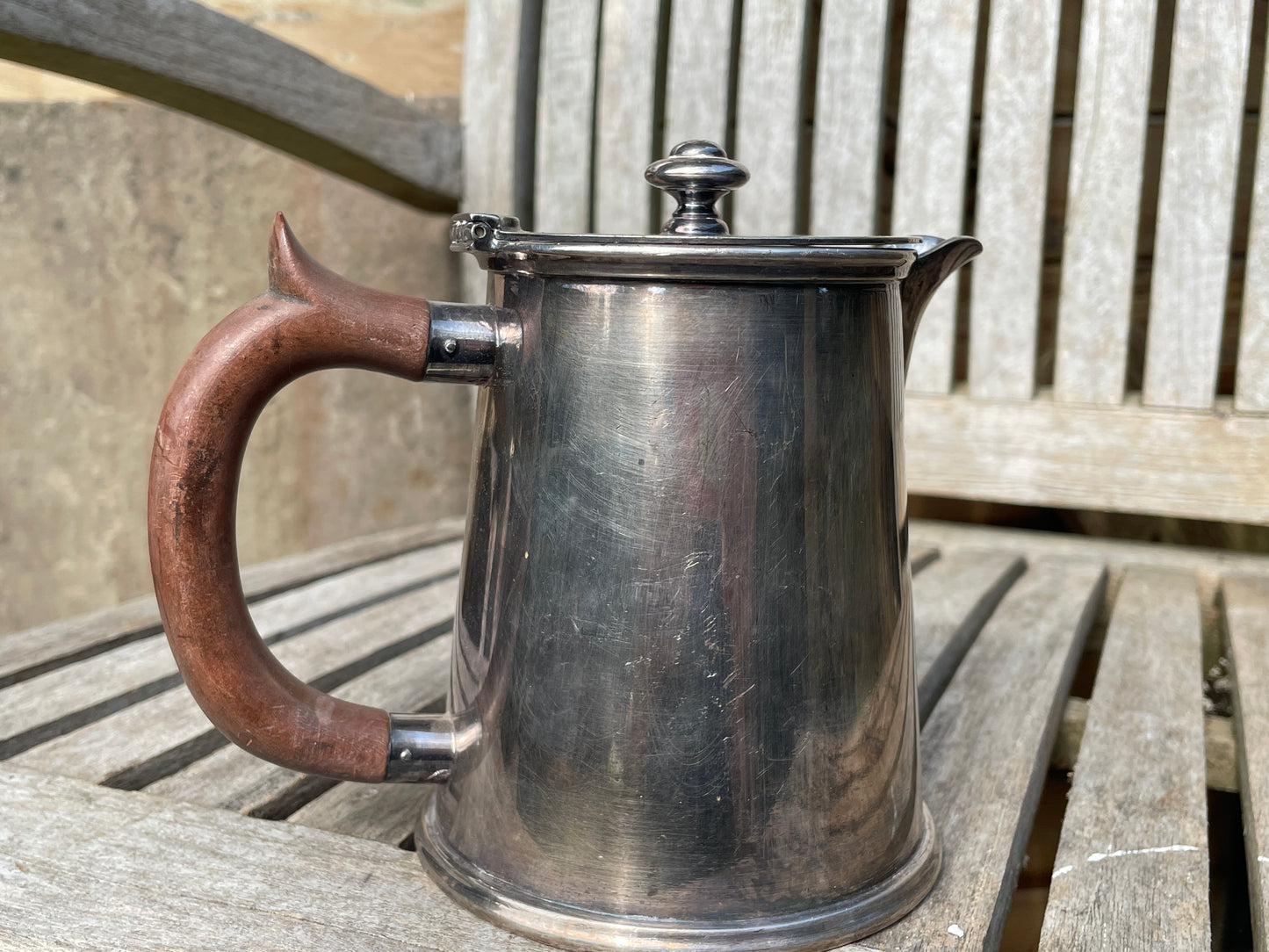 Arts and Crafts H & C S coffee pot with EP 2 (diamond)to base  with wooden handle 13cm tall