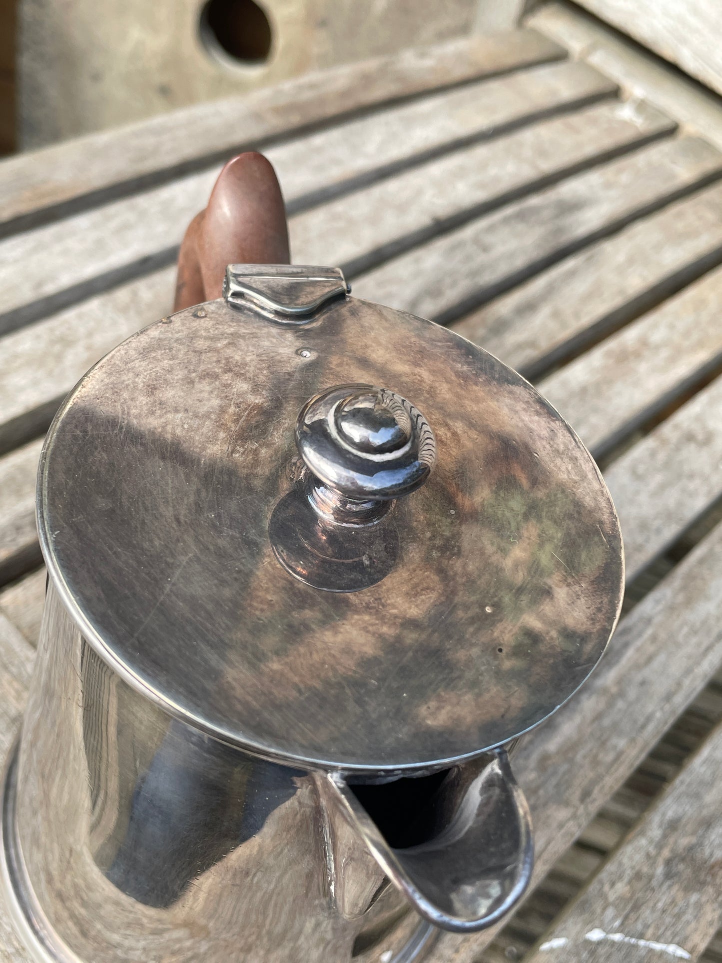 Arts and Crafts H & C S coffee pot with EP 2 (diamond)to base  with wooden handle 13cm tall