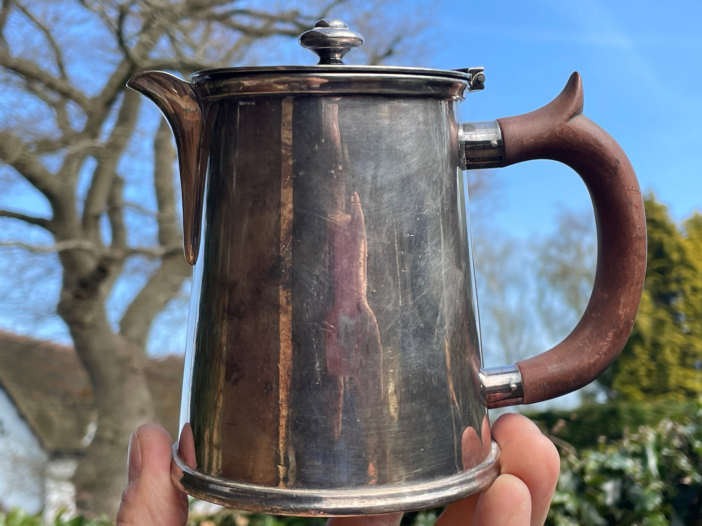 Arts and Crafts H & C S coffee pot with EP 2 (diamond)to base  with wooden handle 13cm tall