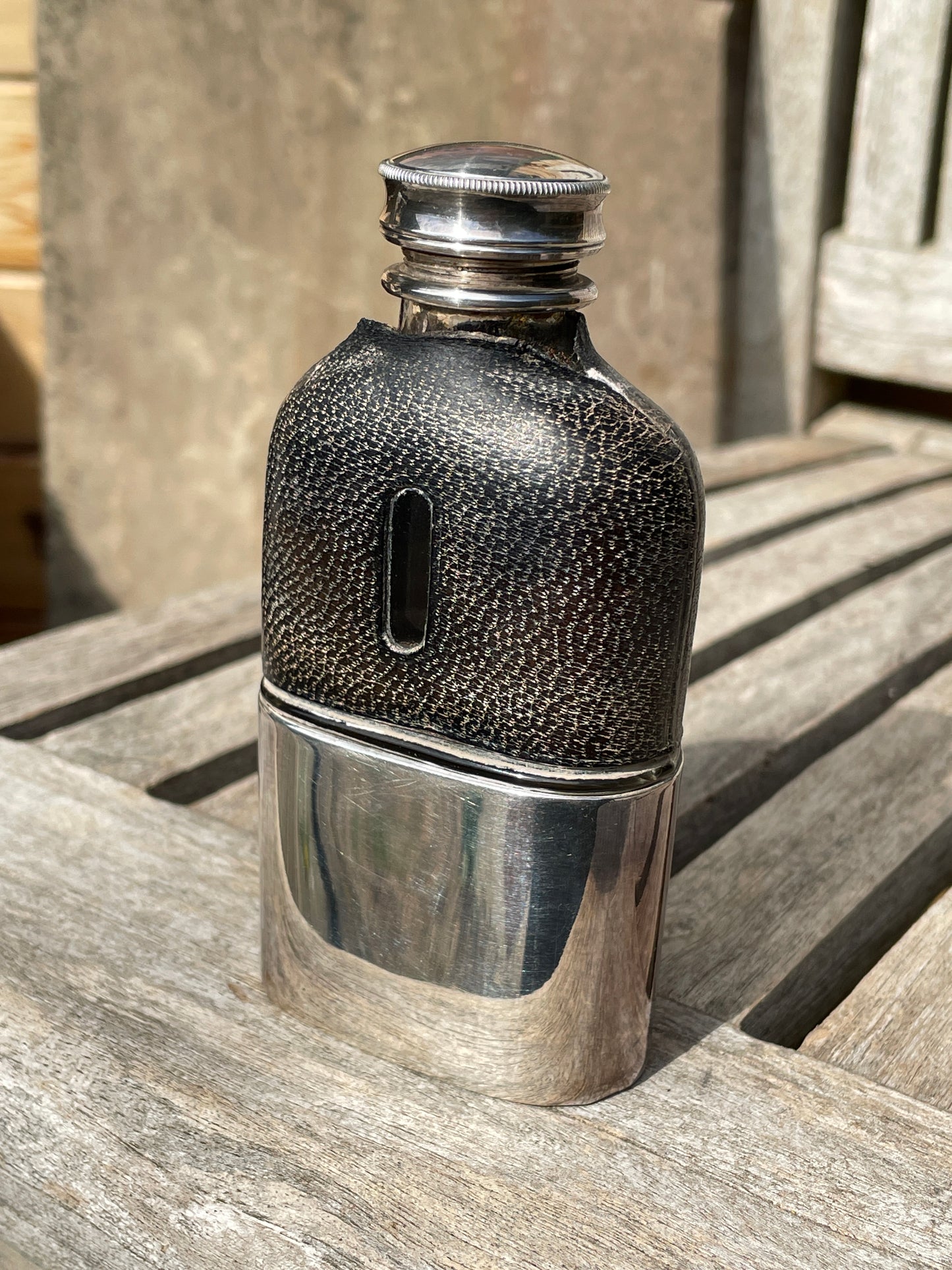 Antique James Dixon and Sons Sheffield EPBM, glass and leather hipflask and cup 11cm tall c1880