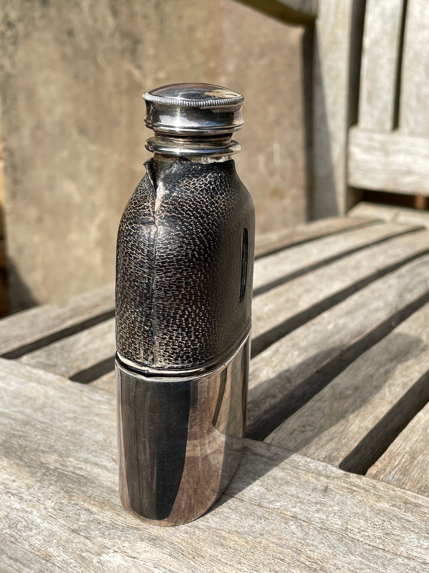 Antique James Dixon and Sons Sheffield EPBM, glass and leather hipflask and cup 11cm tall c1880