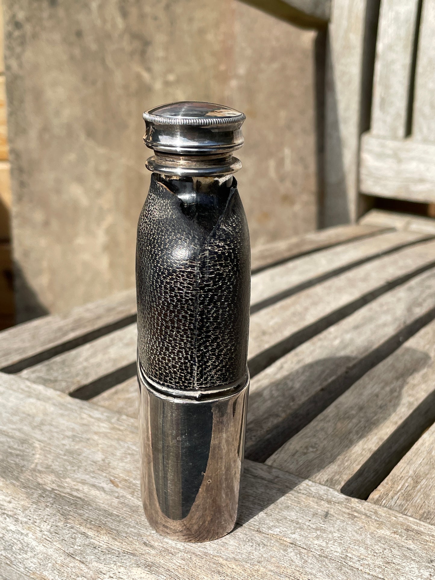 Antique James Dixon and Sons Sheffield EPBM, glass and leather hipflask and cup 11cm tall c1880