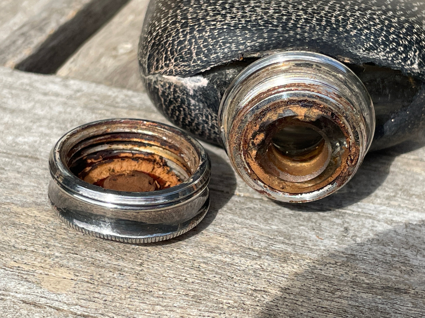 Antique James Dixon and Sons Sheffield EPBM, glass and leather hipflask and cup 11cm tall c1880