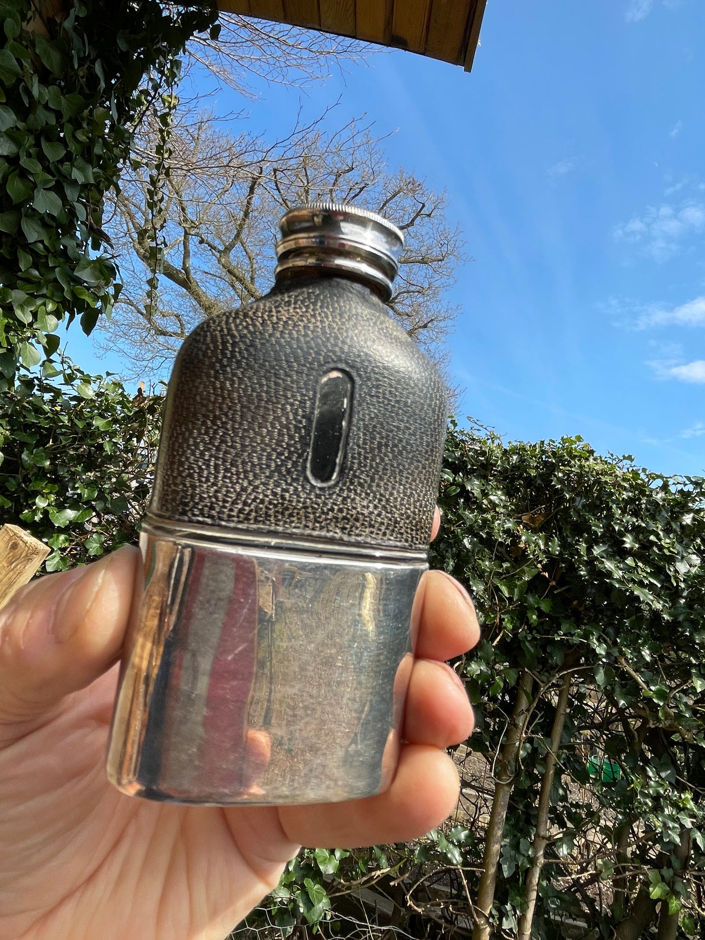 Antique James Dixon and Sons Sheffield EPBM, glass and leather hipflask and cup 11cm tall c1880