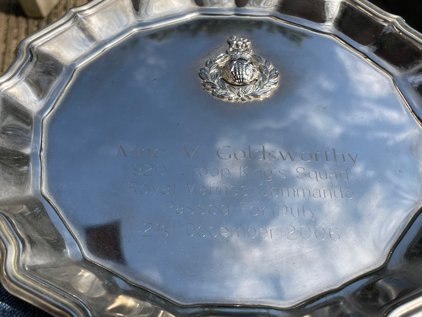 Royal Marine Commando passing out commemorative silver salvo 21cm diameter militaria
