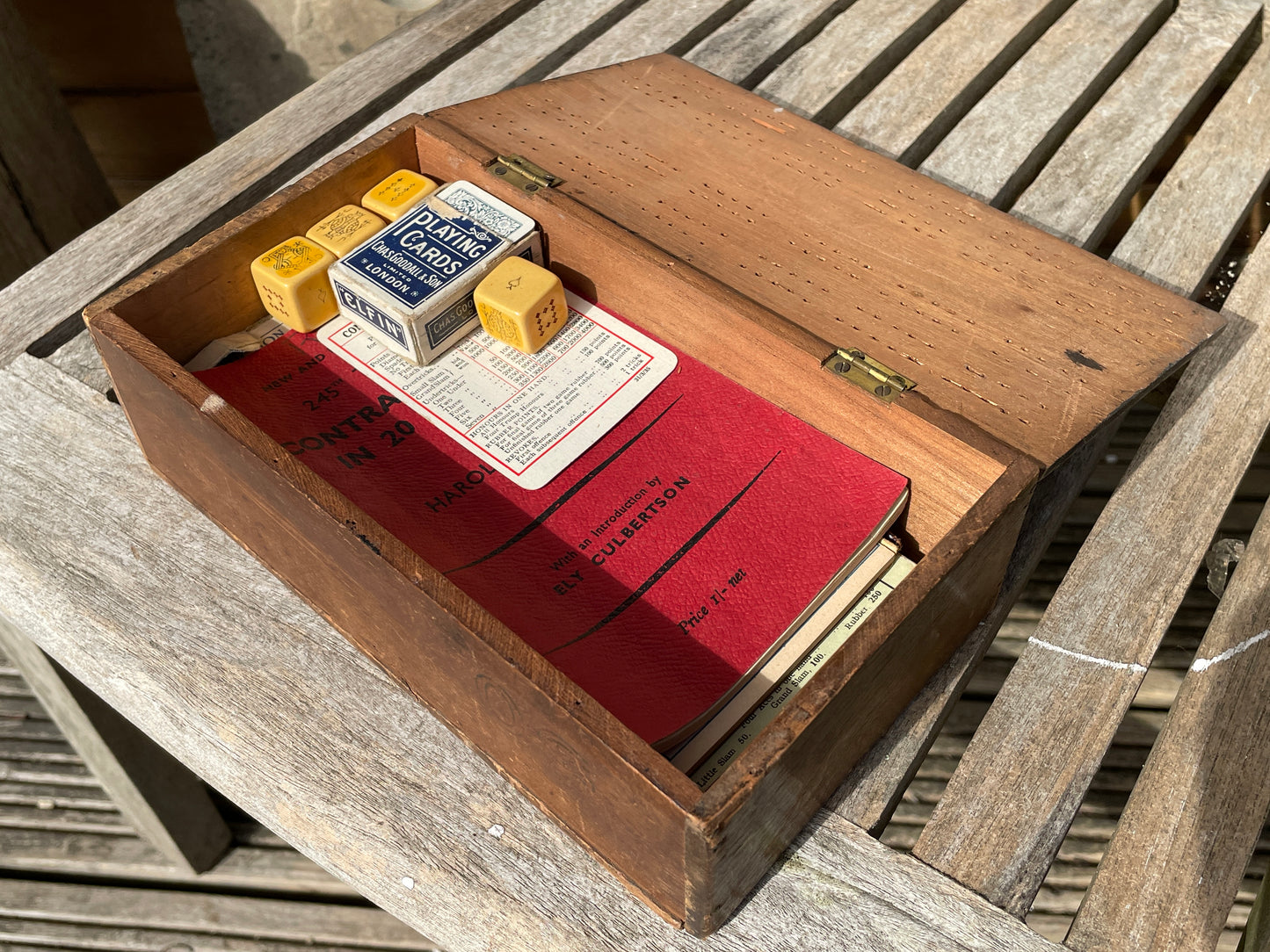 Vintage Contract Bridge cards, dice, books and wooden box