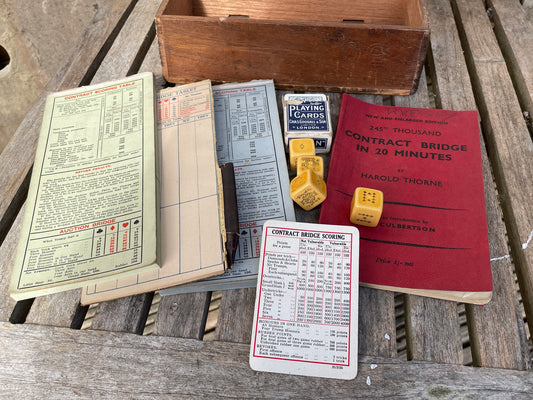Vintage Contract Bridge cards, dice, books and wooden box