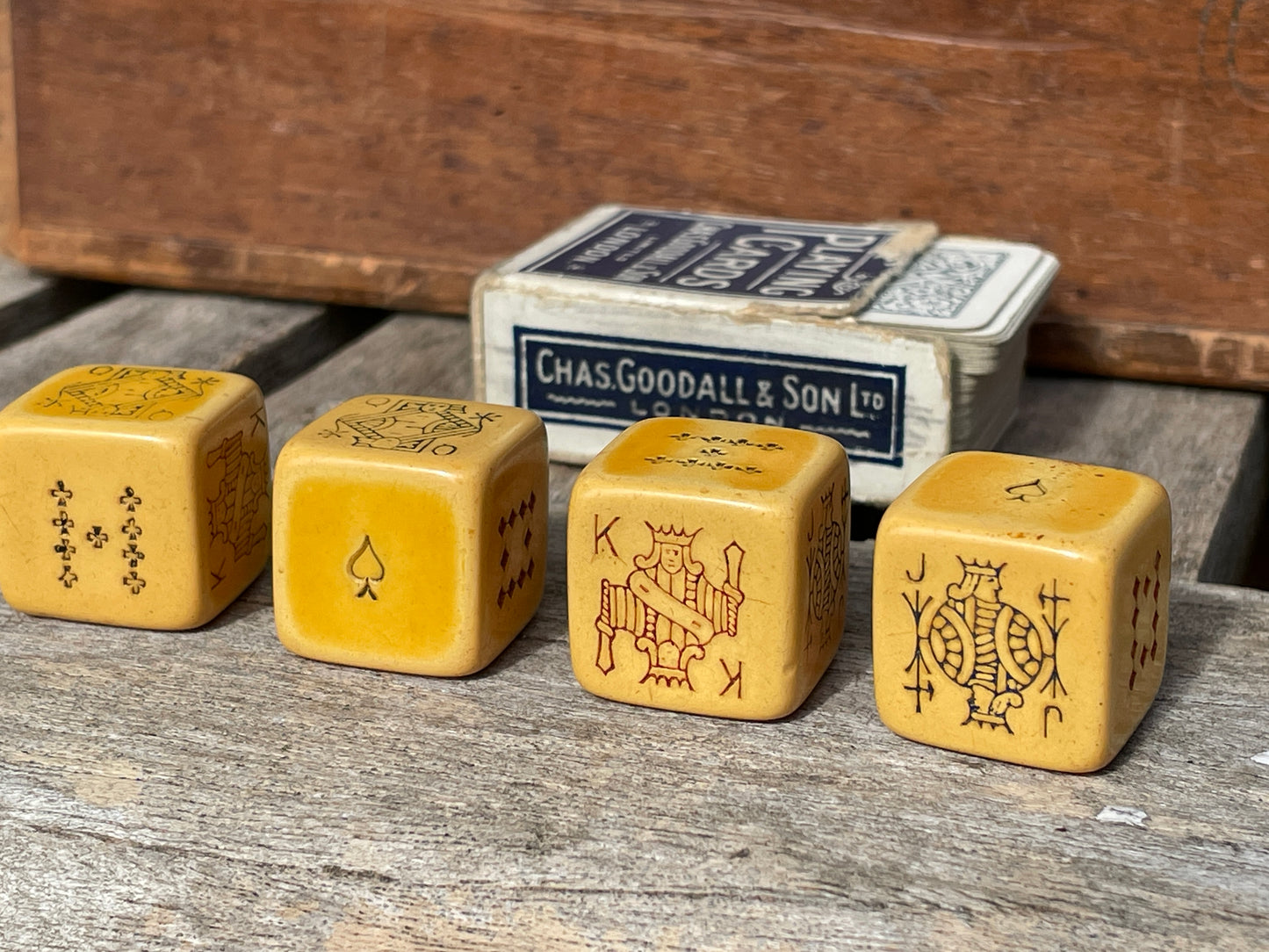 Vintage Contract Bridge cards, dice, books and wooden box