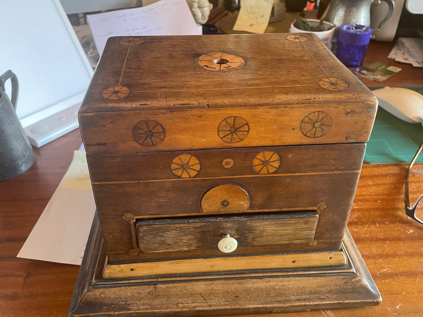 Handmade Antique Folk Art Box – Turn of the 19th Century – Unique Inlay & Decoupage Interior