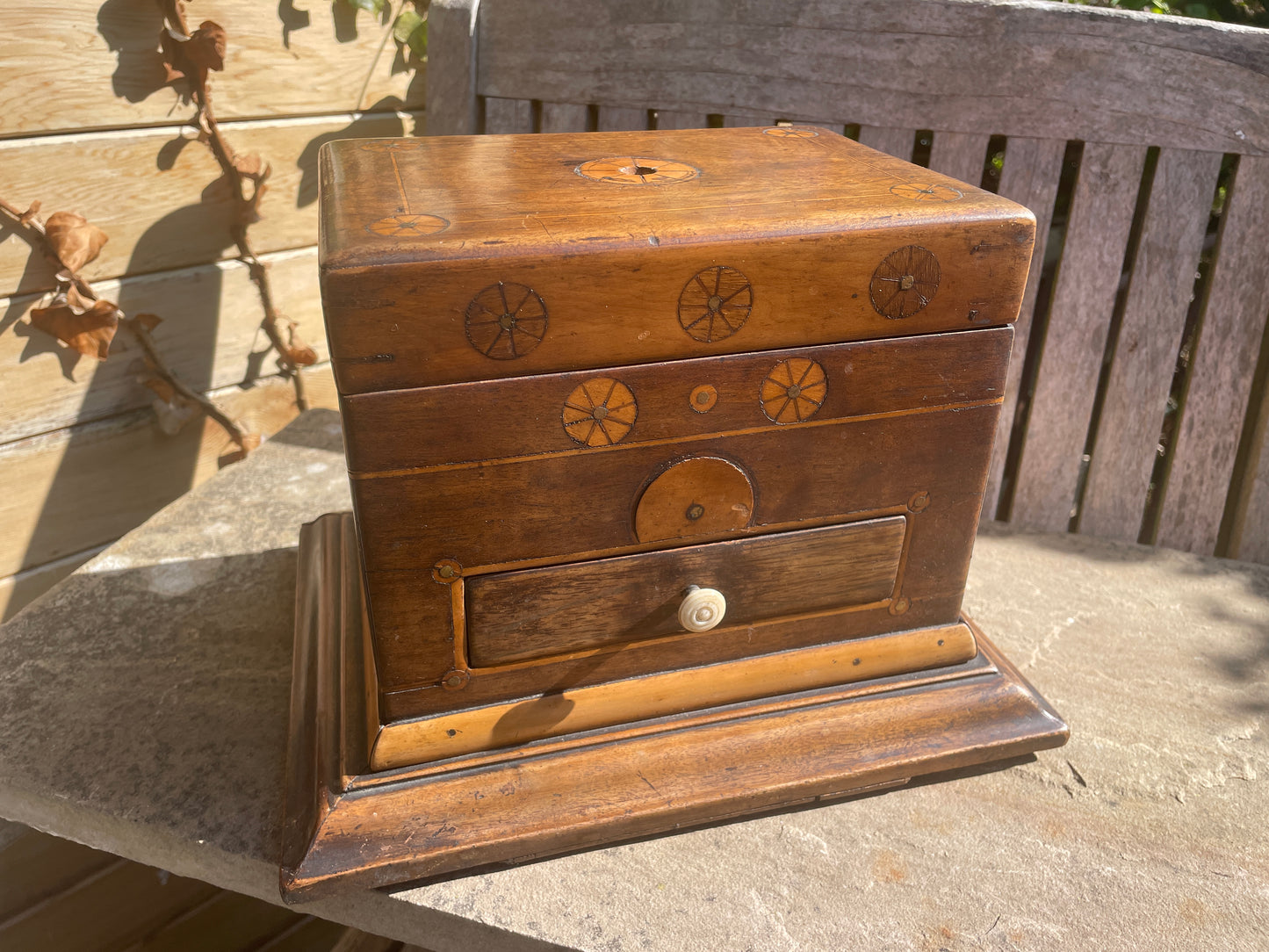 Handmade Antique Folk Art Box – Turn of the 19th Century – Unique Inlay & Decoupage Interior