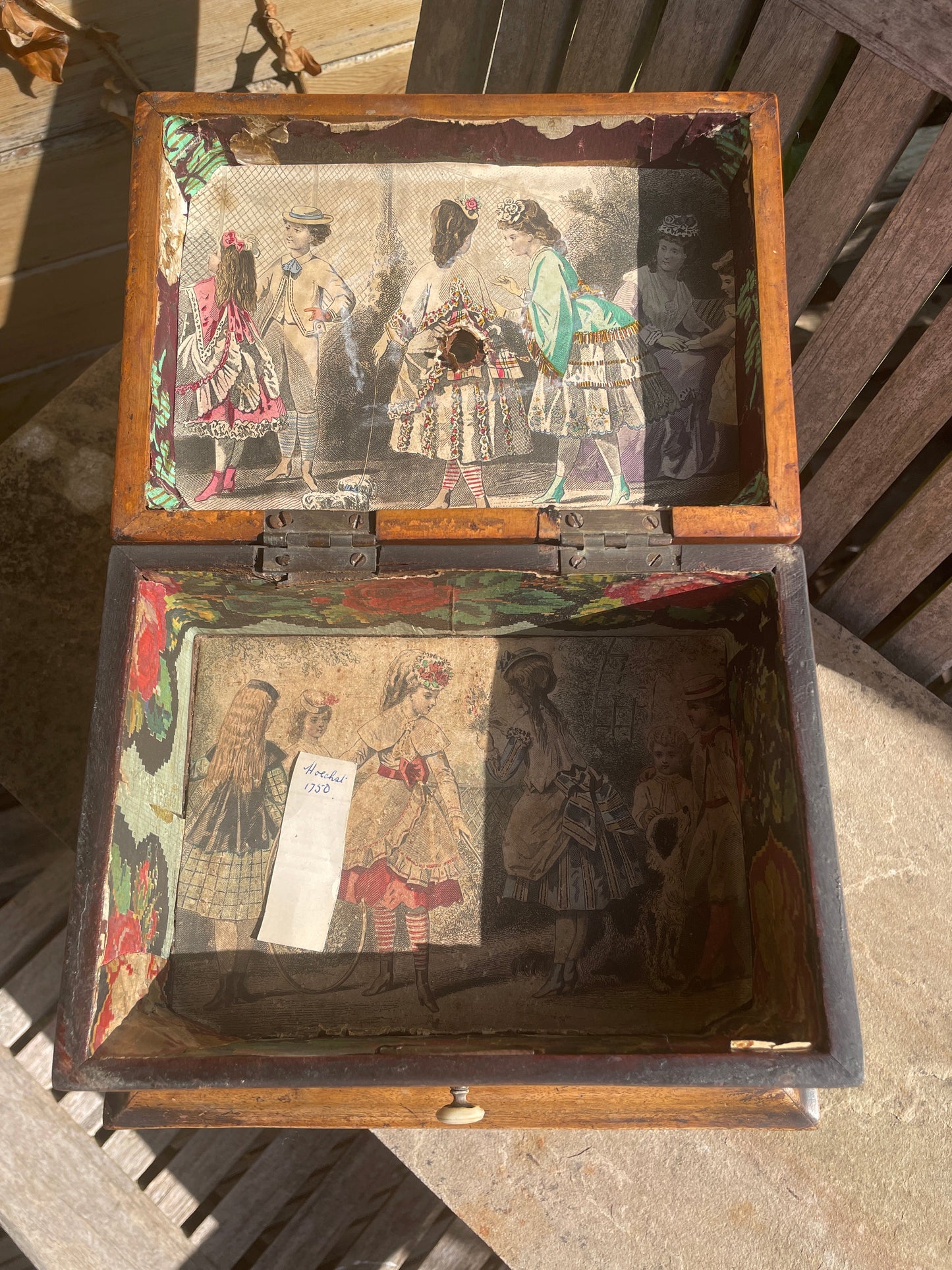 Handmade Antique Folk Art Box – Turn of the 19th Century – Unique Inlay & Decoupage Interior