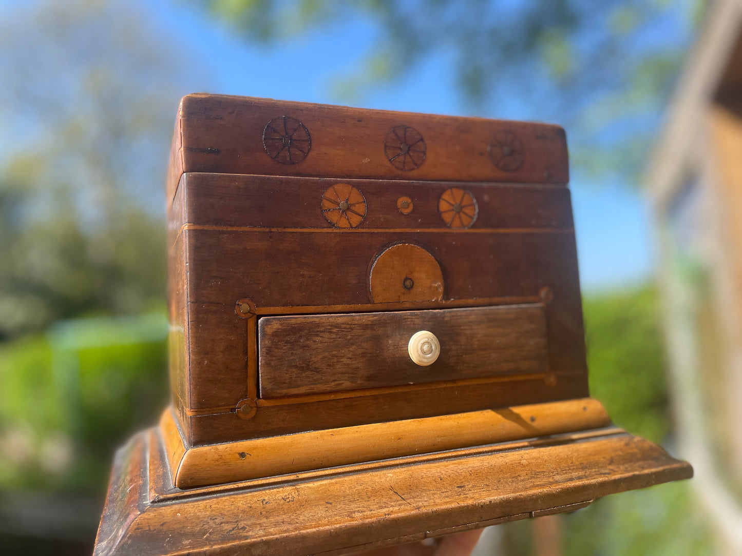 Handmade Antique Folk Art Box – Turn of the 19th Century – Unique Inlay & Decoupage Interior