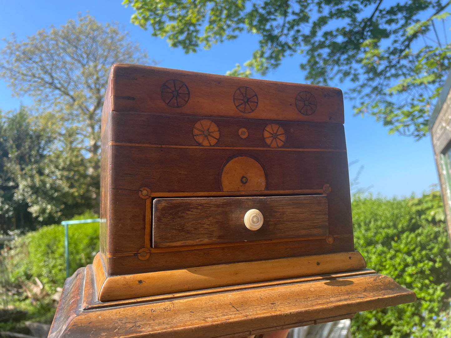 Handmade Antique Folk Art Box – Turn of the 19th Century – Unique Inlay & Decoupage Interior