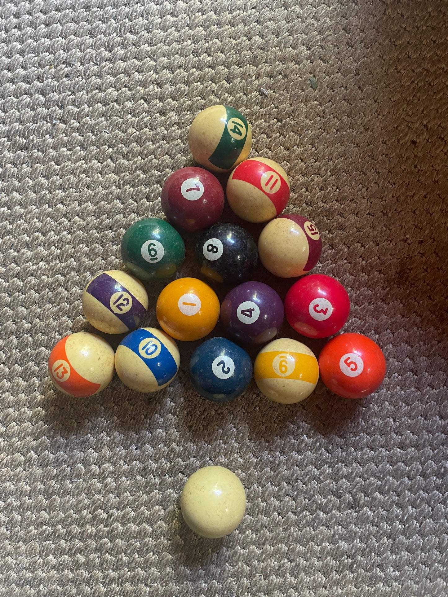 Vintage Pool Balls – Complete Set – Spots & Stripes with Cue Ball – 5cm Diameter – Uncleaned Original Condition