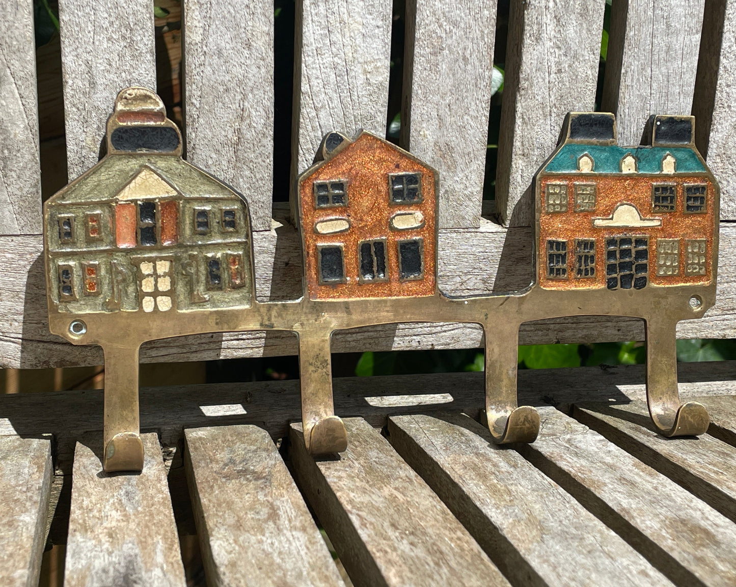 An original one off Vintage Brass Folk Art Utensil/Keys Hook With Enamel Coloured Houses 23cm Long
