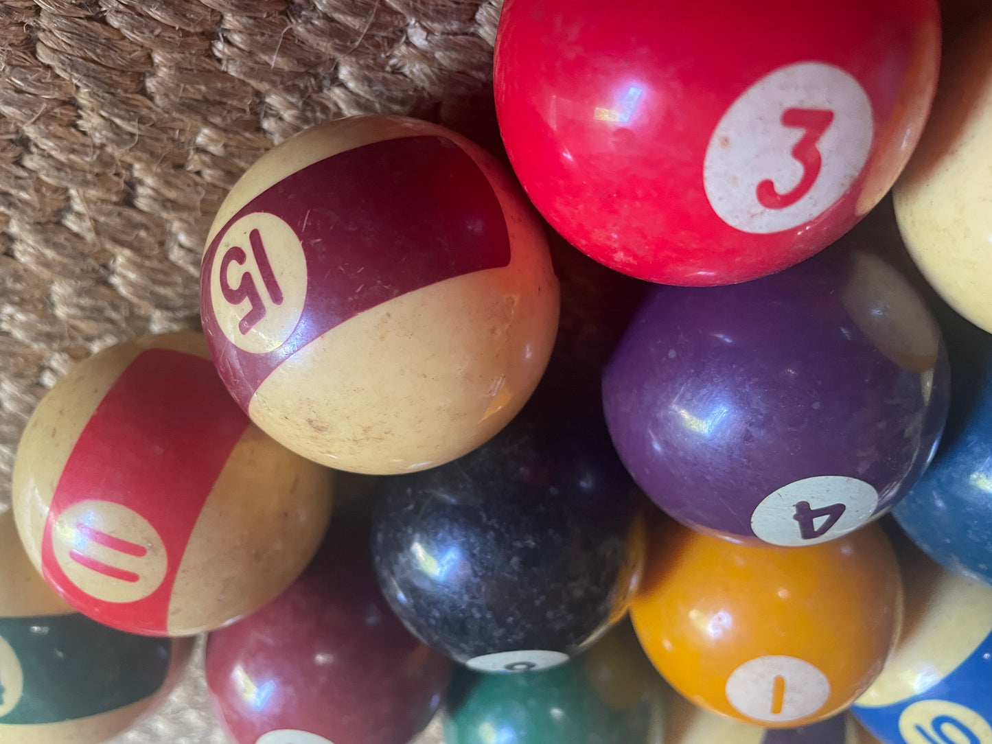 Vintage Pool Balls – Complete Set – Spots & Stripes with Cue Ball – 5cm Diameter – Uncleaned Original Condition