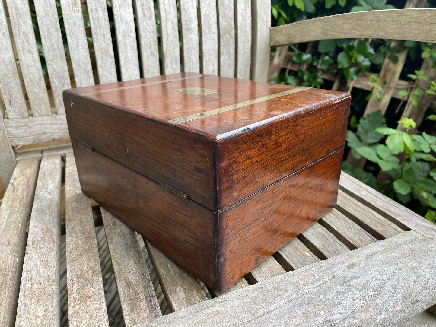 A Victorian Mahogany Campaign Style Workbox With Brass Strap Mounts and Vacant Cartouche 25x19x13cm High