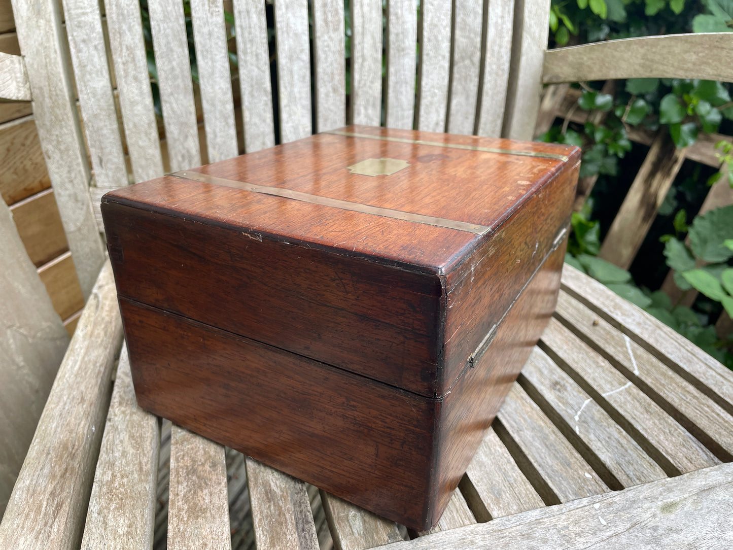 A Victorian Mahogany Campaign Style Workbox With Brass Strap Mounts and Vacant Cartouche 25x19x13cm High