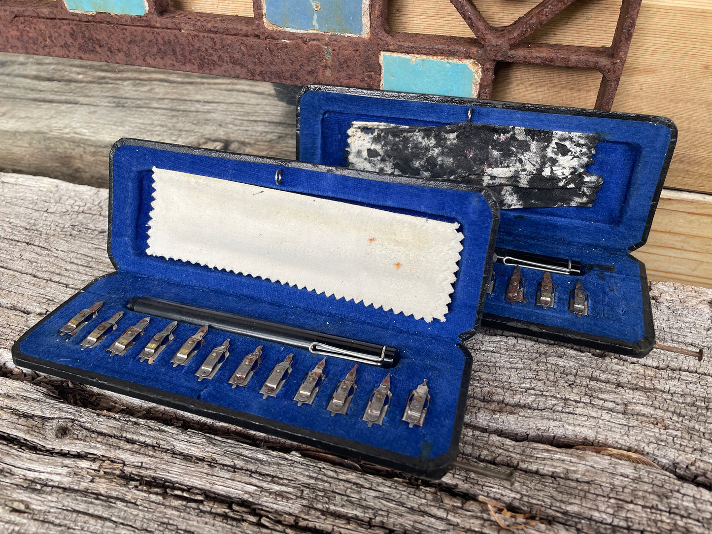 Two Vintage Pelikan Graphos Calligraphy Dip Sets With Blue Velvet Lined Fitted Cases