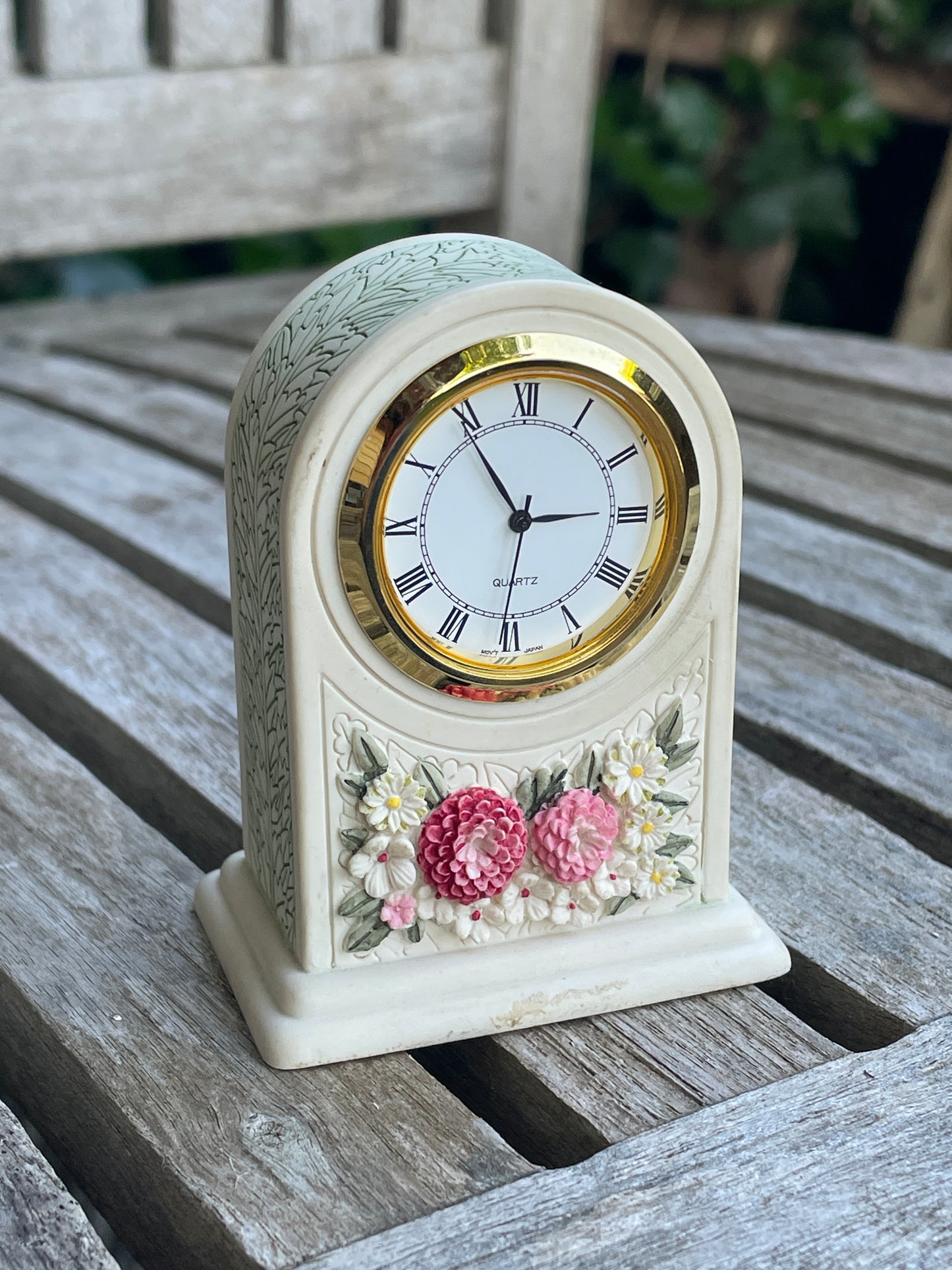 A miniature ceramic art nouveau style Mantel Clock 8cm tall