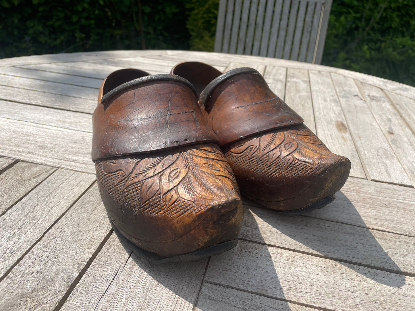 Antique French Breton Adult Clogs – Intricate Carving, Leather Comfort Strap, Shaped Heel – Vintage Wooden Shoes
