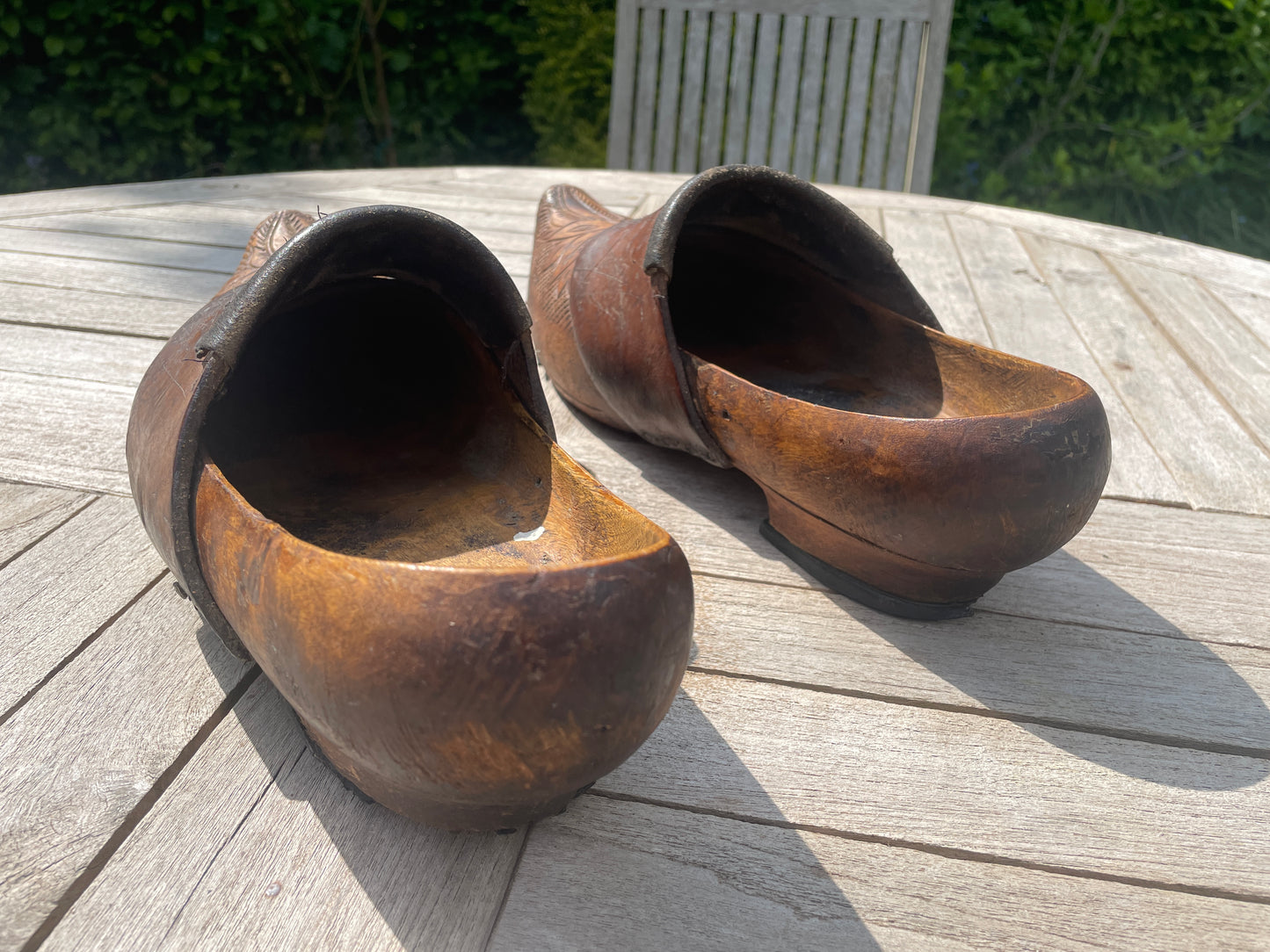 Antique French Breton Adult Clogs – Intricate Carving, Leather Comfort Strap, Shaped Heel – Vintage Wooden Shoes