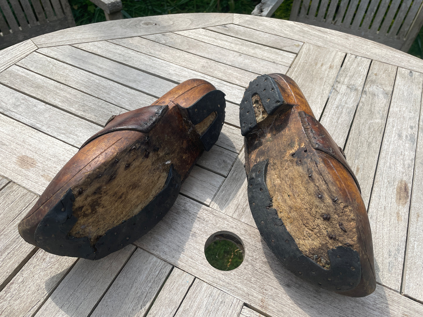 Antique French Breton Adult Clogs – Intricate Carving, Leather Comfort Strap, Shaped Heel – Vintage Wooden Shoes