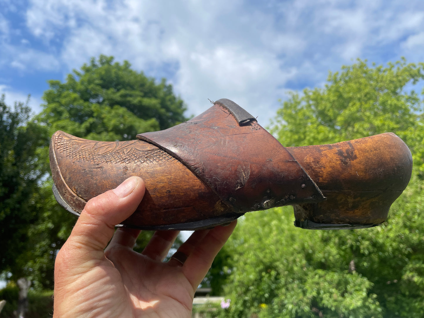 Antique French Breton Adult Clogs – Intricate Carving, Leather Comfort Strap, Shaped Heel – Vintage Wooden Shoes