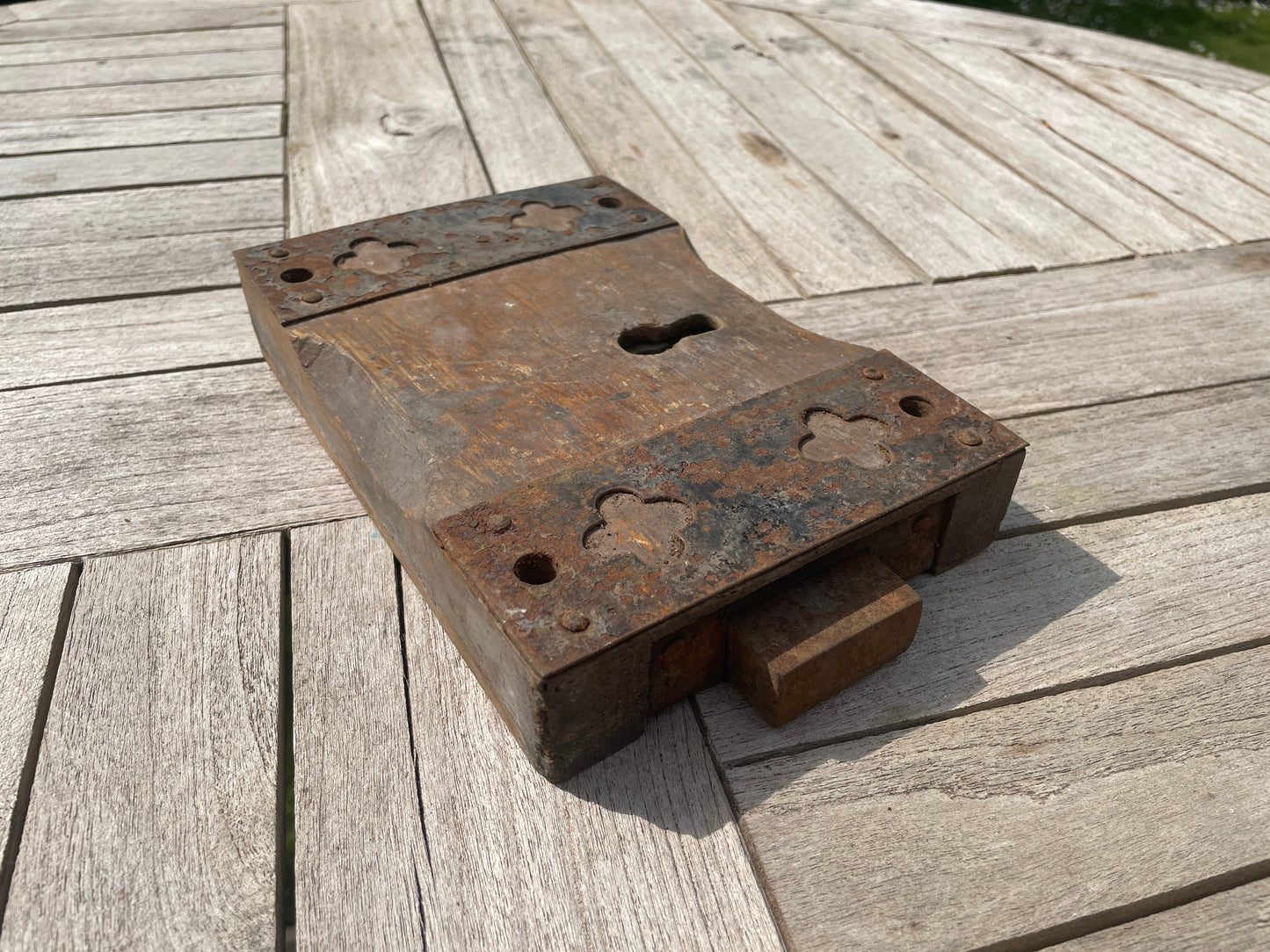 Antique Rim Lock from Church – Ornate Metal Front, Hardwood Framing – Vintage Metal Construction Lock