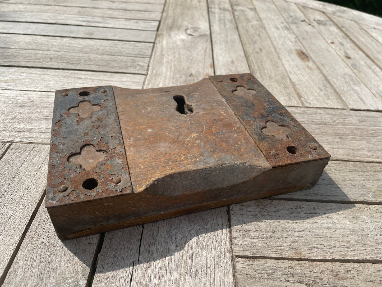 Antique Rim Lock from Church – Ornate Metal Front, Hardwood Framing – Vintage Metal Construction Lock