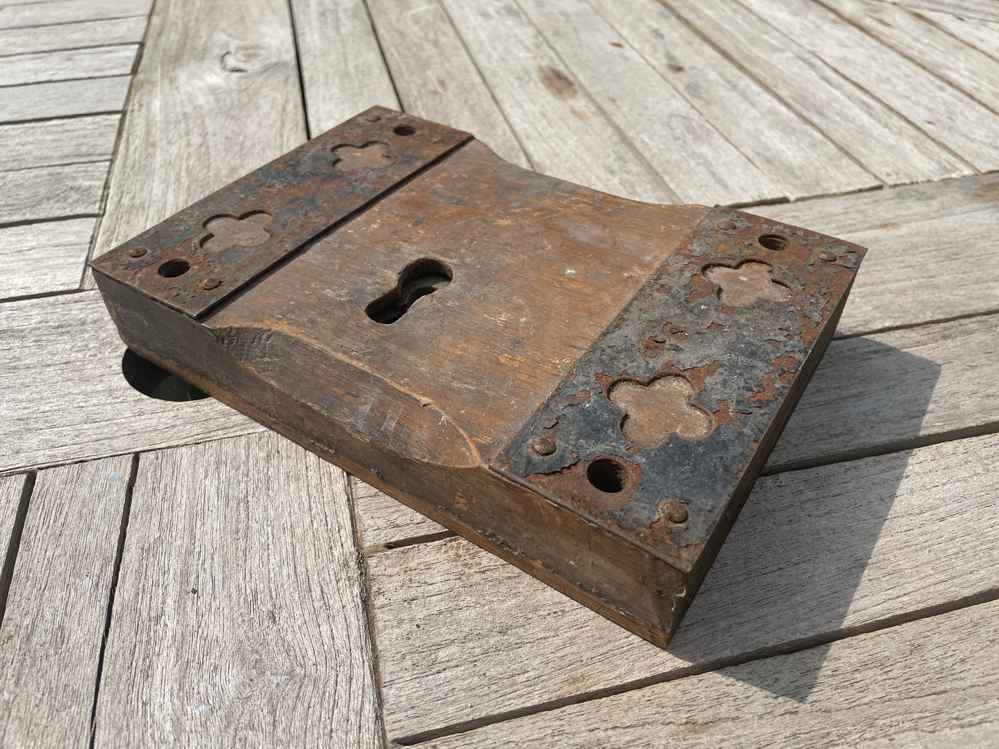 Antique Rim Lock from Church – Ornate Metal Front, Hardwood Framing – Vintage Metal Construction Lock