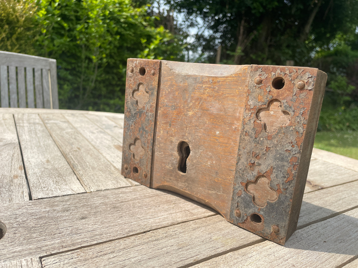 Antique Rim Lock from Church – Ornate Metal Front, Hardwood Framing – Vintage Metal Construction Lock