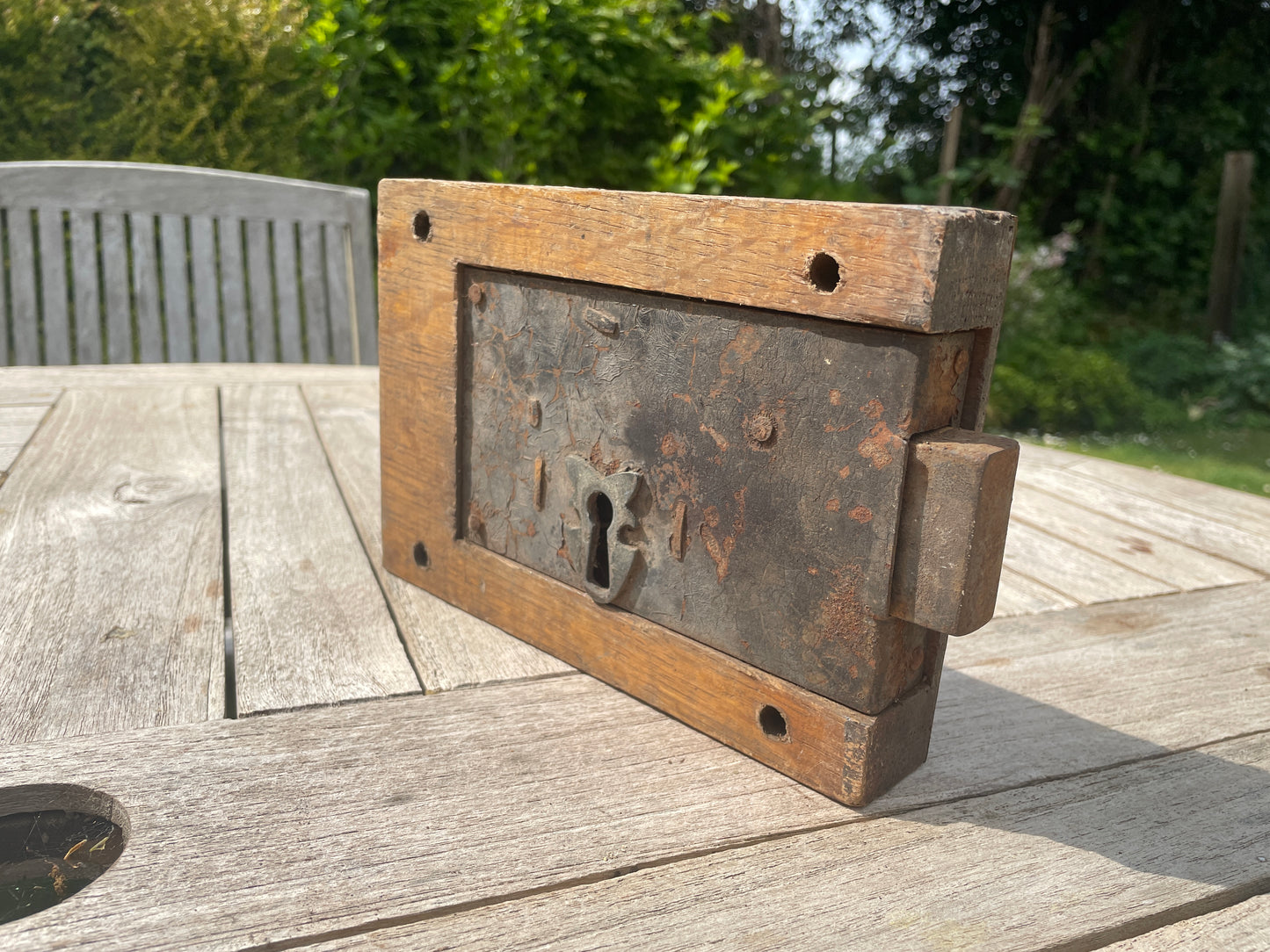 Antique Rim Lock from Church – Ornate Metal Front, Hardwood Framing – Vintage Metal Construction Lock