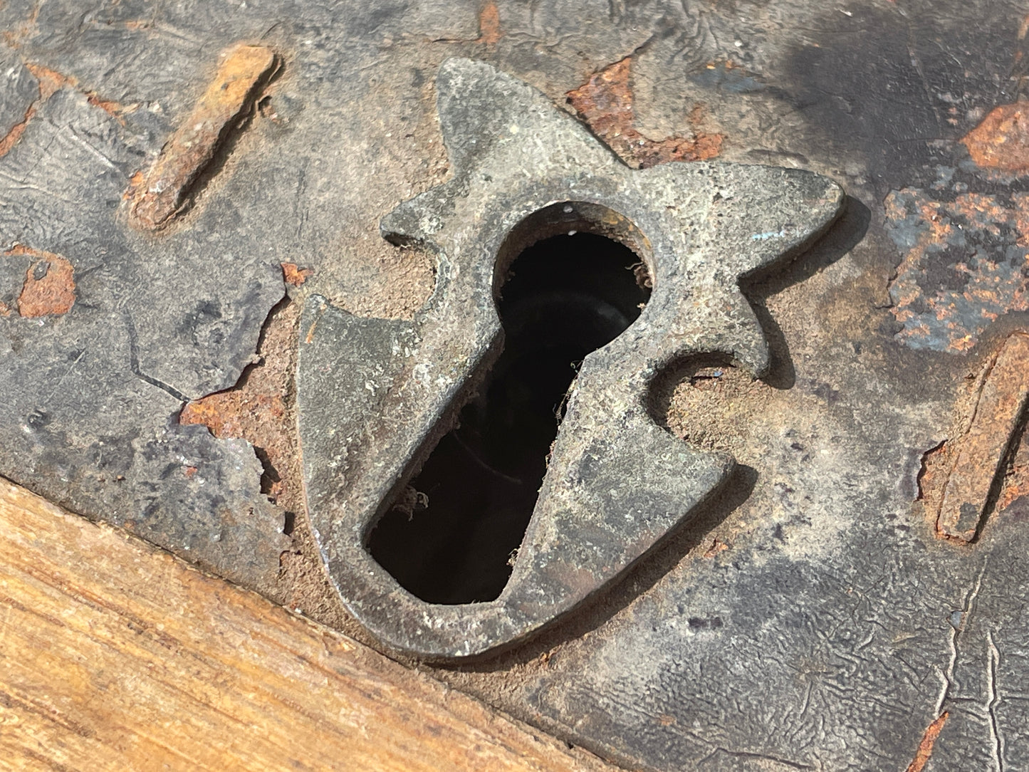 Antique Rim Lock from Church – Ornate Metal Front, Hardwood Framing – Vintage Metal Construction Lock