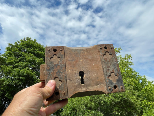 Antique Rim Lock from Church – Ornate Metal Front, Hardwood Framing – Vintage Metal Construction Lock