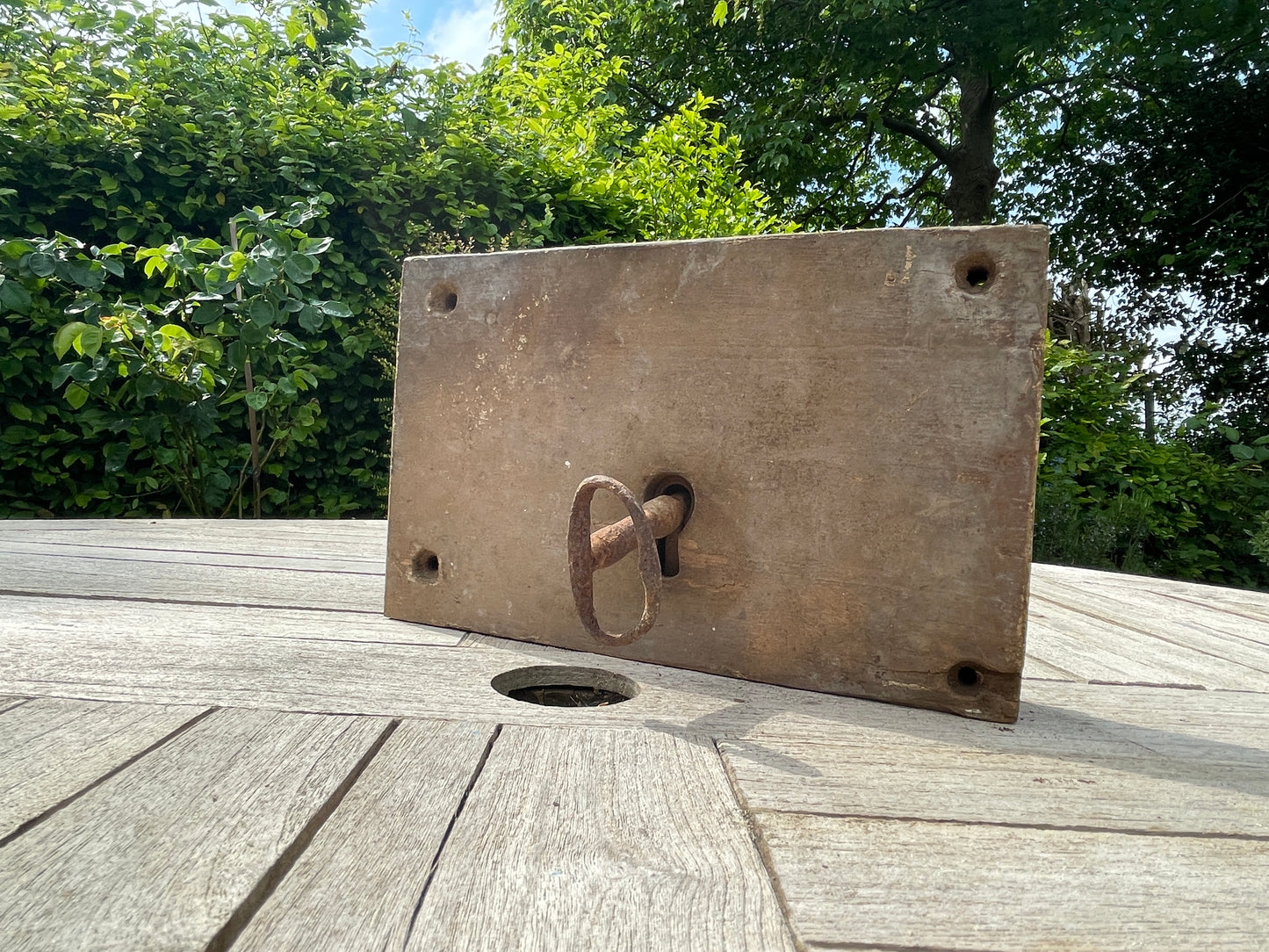 Antique Rim Lock from Church – Vintage Metal Construction with Hardwood Framing – Original Key & Working Mechanism