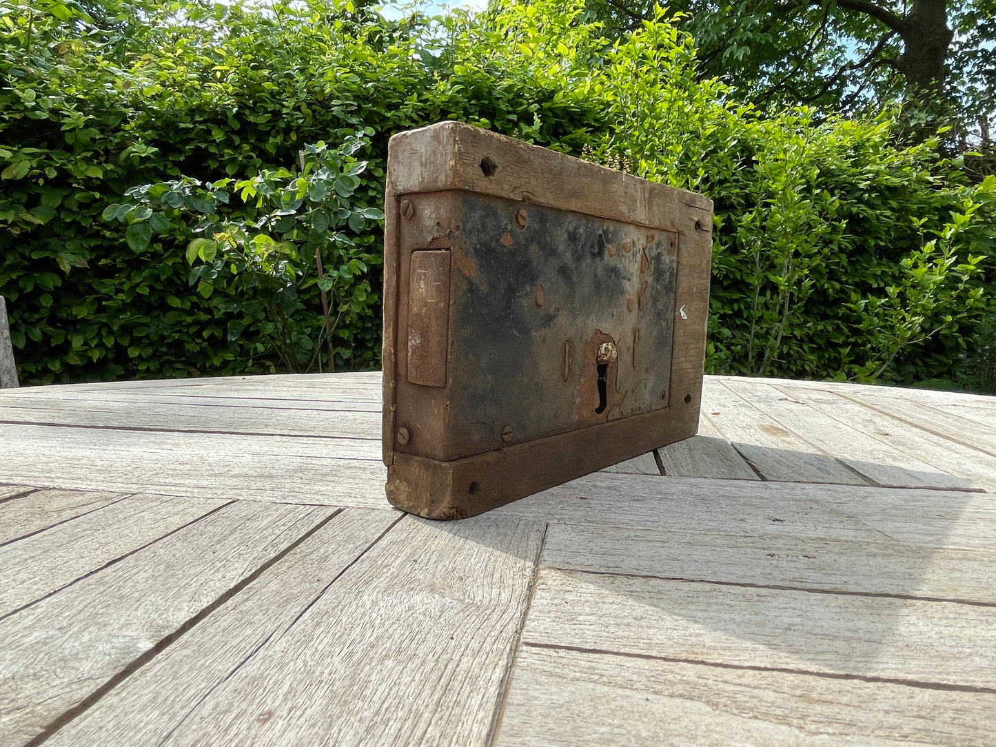 Antique Rim Lock from Church – Vintage Metal Construction with Hardwood Framing – Original Key & Working Mechanism