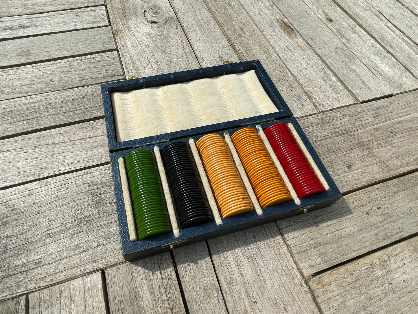 Antique Jaques Betting Counters Set in Original Silk Lined Box, Multicolour Gaming Chips, 24mm Counters, Full Set