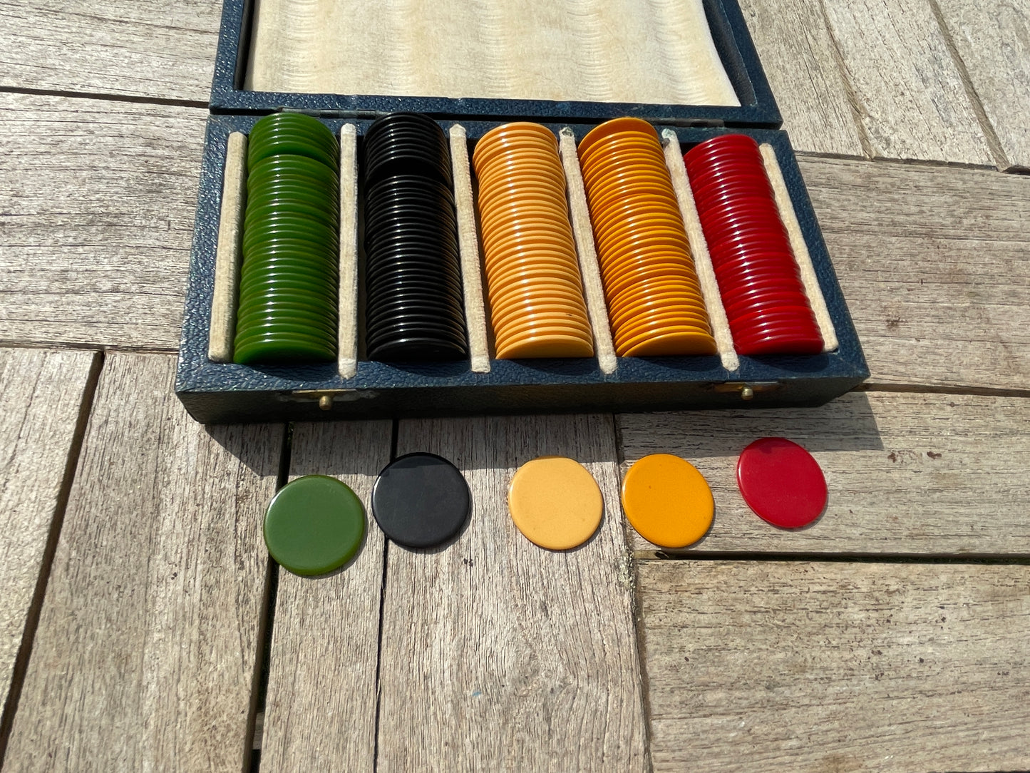 Antique Jaques Betting Counters Set in Original Silk Lined Box, Multicolour Gaming Chips, 24mm Counters, Full Set