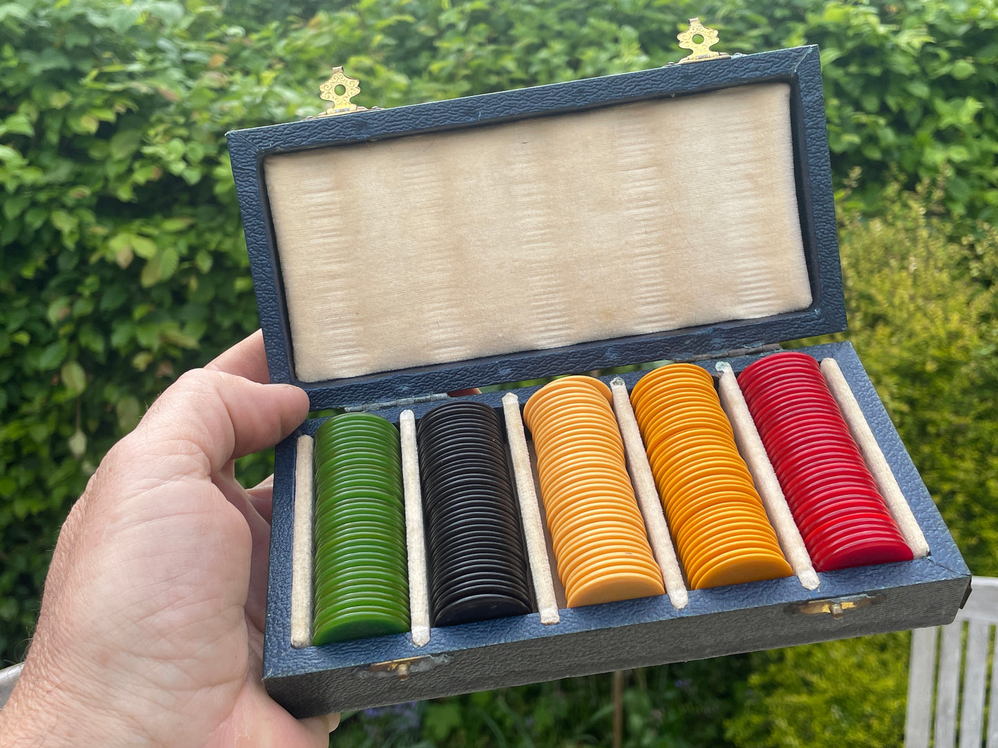 Antique Jaques Betting Counters Set in Original Silk Lined Box, Multicolour Gaming Chips, 24mm Counters, Full Set
