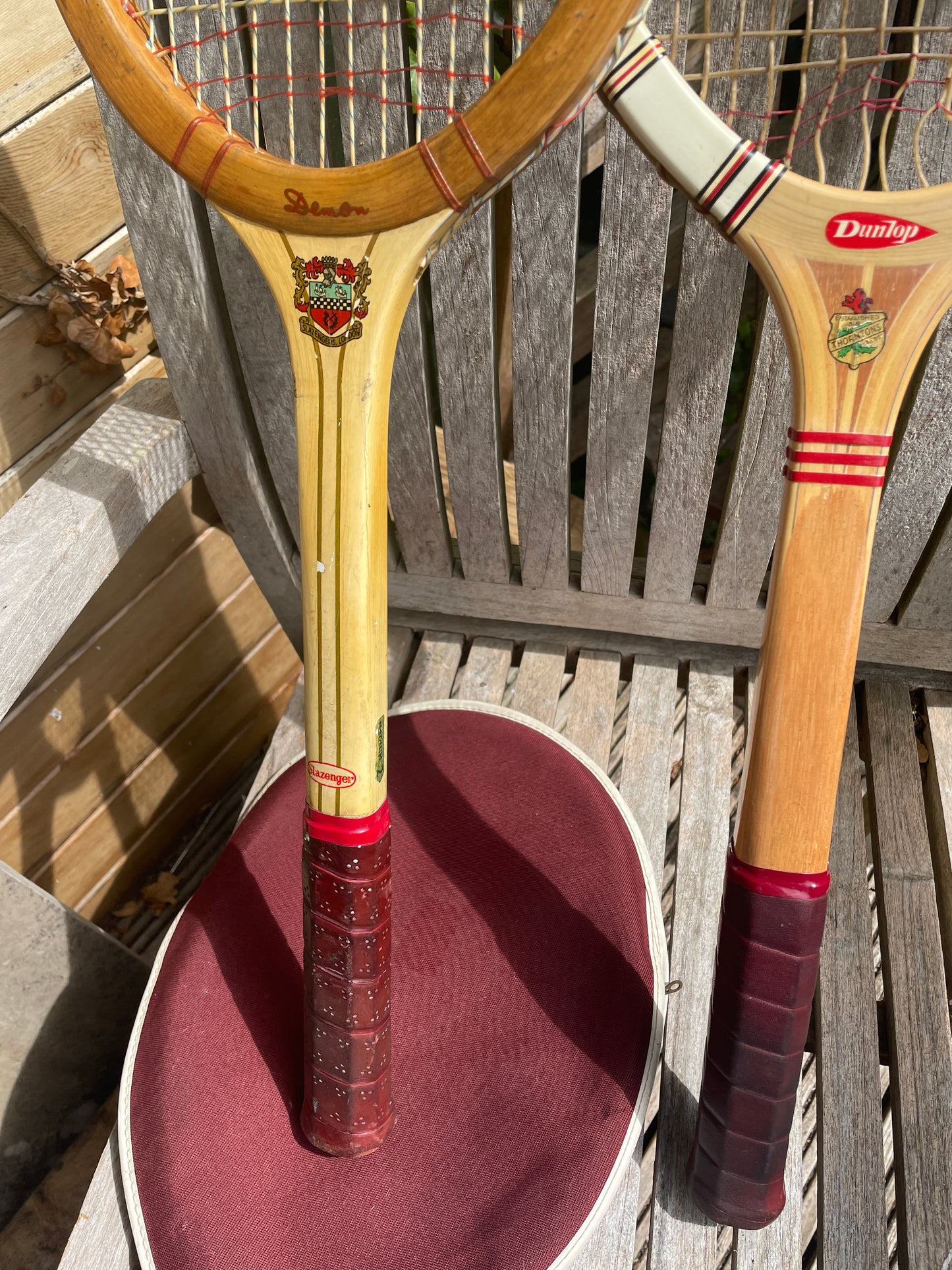2 Vintage Wooden Tennis Rackets – Dunlop Maxply & Slazenger Demon – Collectible Display Pair
