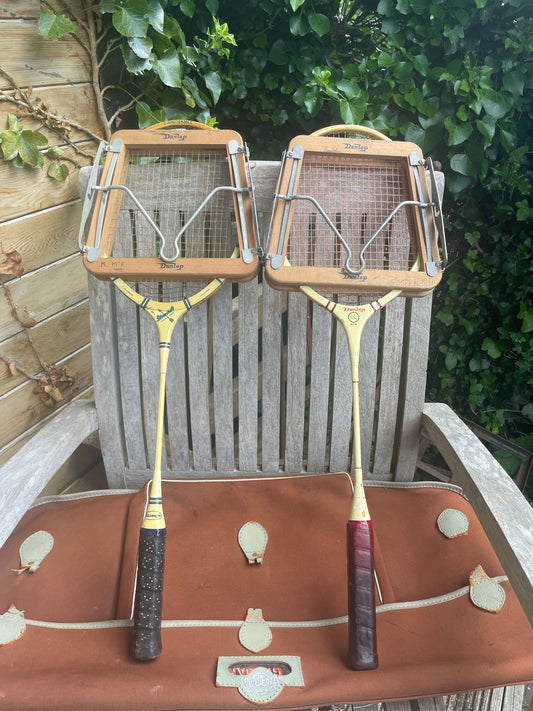 Vintage Dunlop & Slazenger Badminton Rackets with Wood Clamp in Thomlinson’s Greban Case